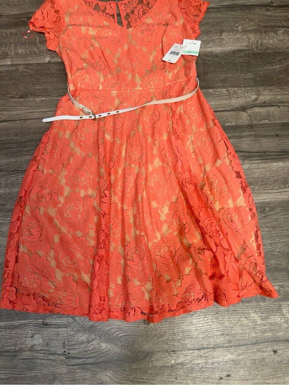 J. Taylor NWT Coral Floral Lace Fit & Flare Dress Size 8 Belted - Picture 4 of 11
